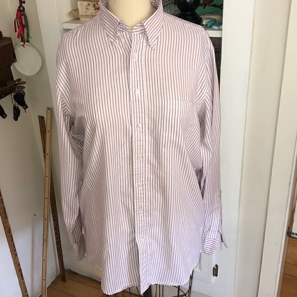Lands End Oxford Tall Men’s Shirt in red stripe. PolyCotton Made in USA 🇺🇸